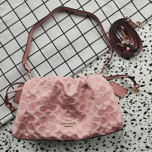 Coach Handbags - Coach Pink Signature Jacquard Drawstring Shoulder Bag